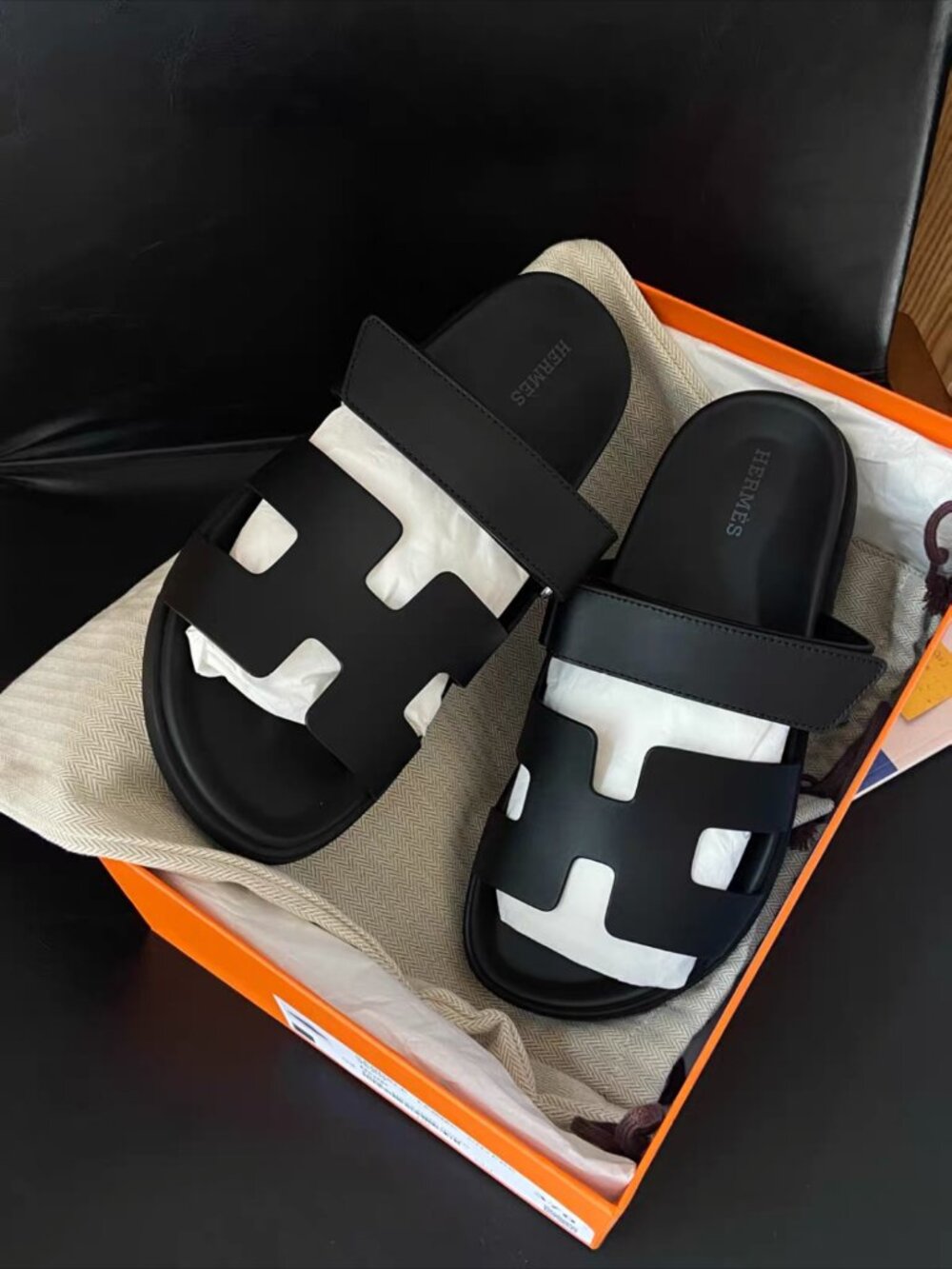 Hermès Genius Black Leather H Cut-Out Slide Sandals